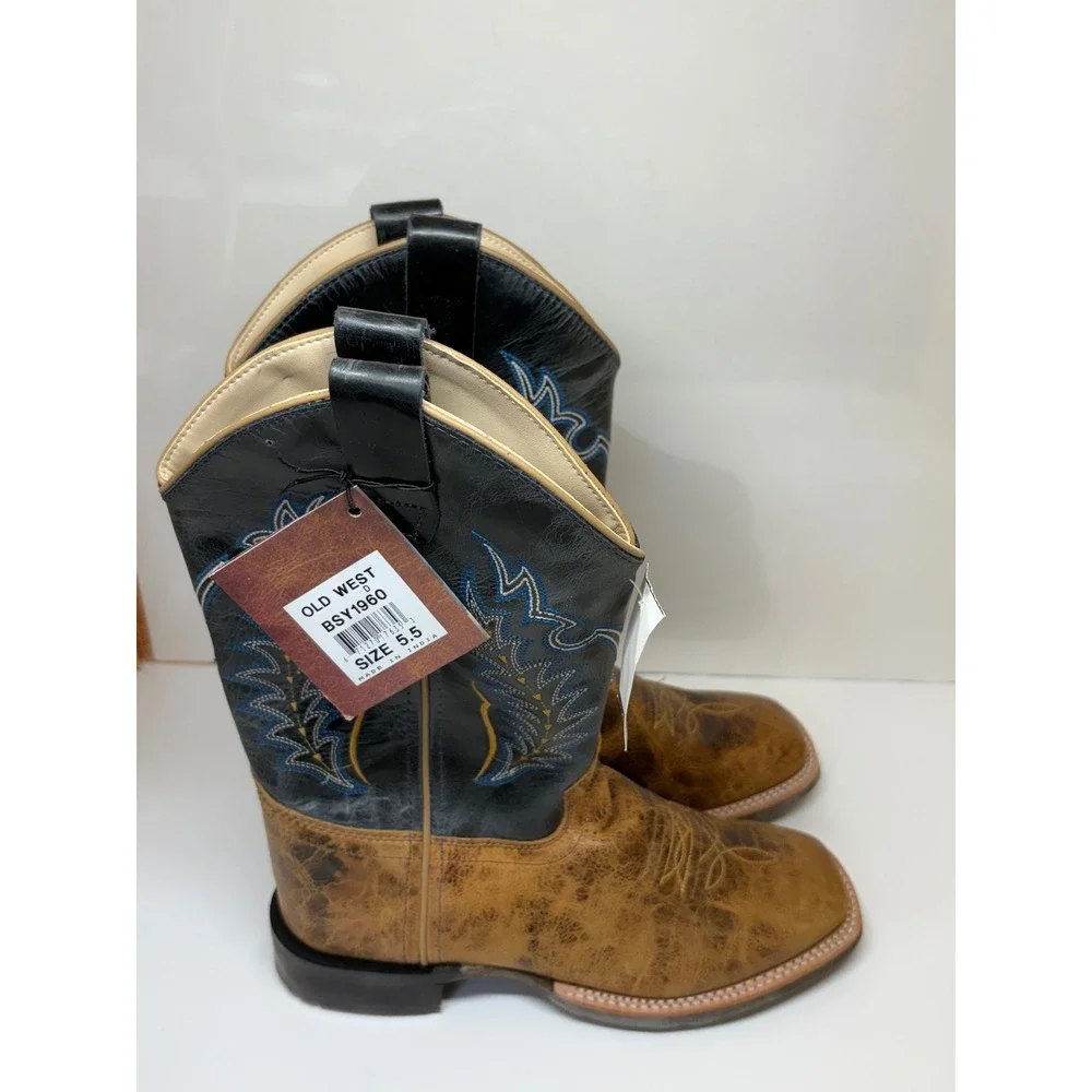 Old West BSY1960 Youth Cowboy Boots Burnt Tan Navy Blue Wide Square Toe 5.5 D